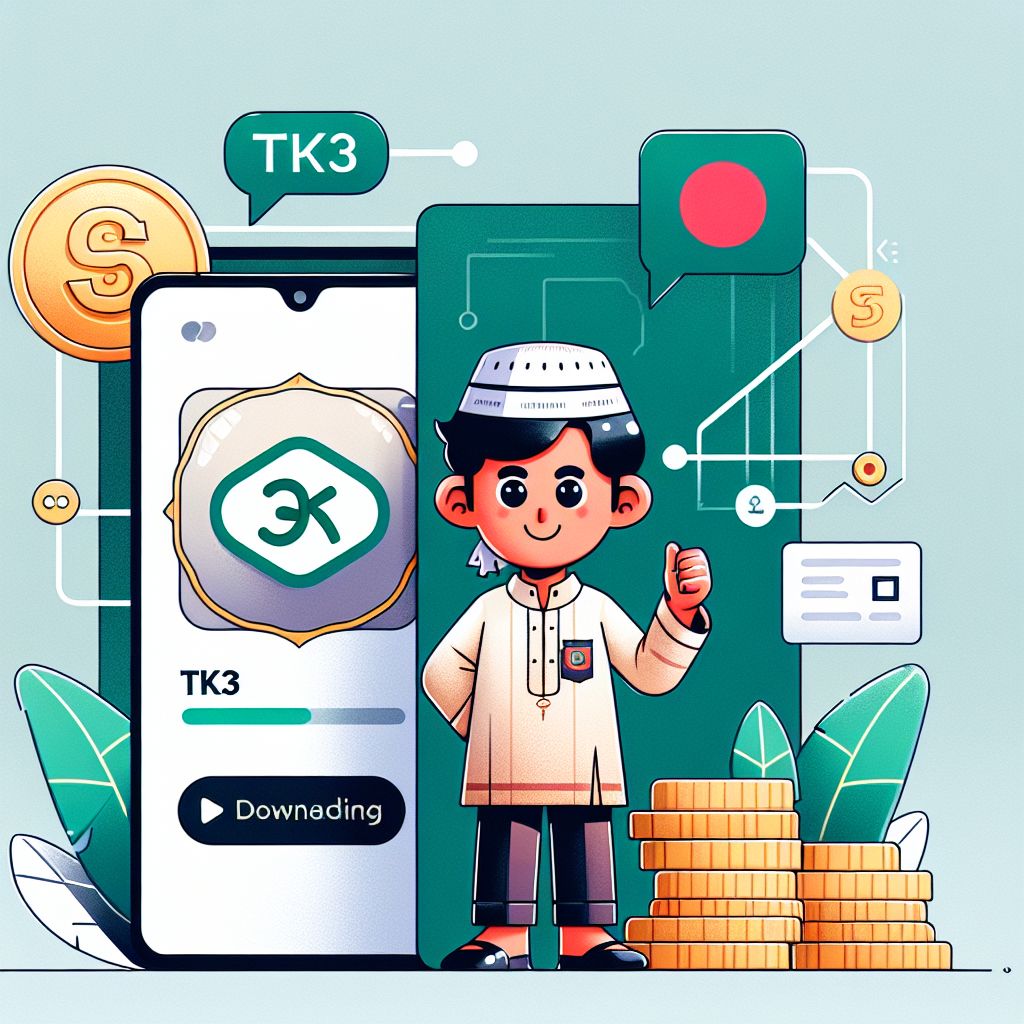 TK33 app cartoon character holding a smartphone with a download screen and coins