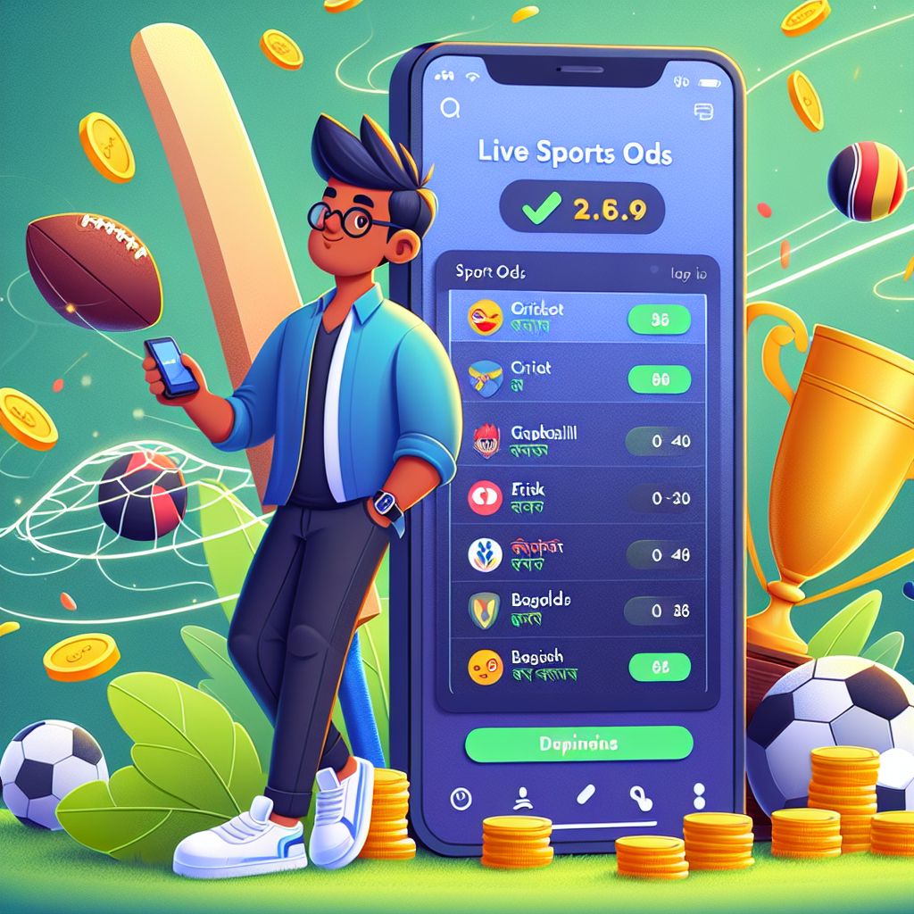 TK33 cartoon bettor with sports icons and coins on a mobile screen
