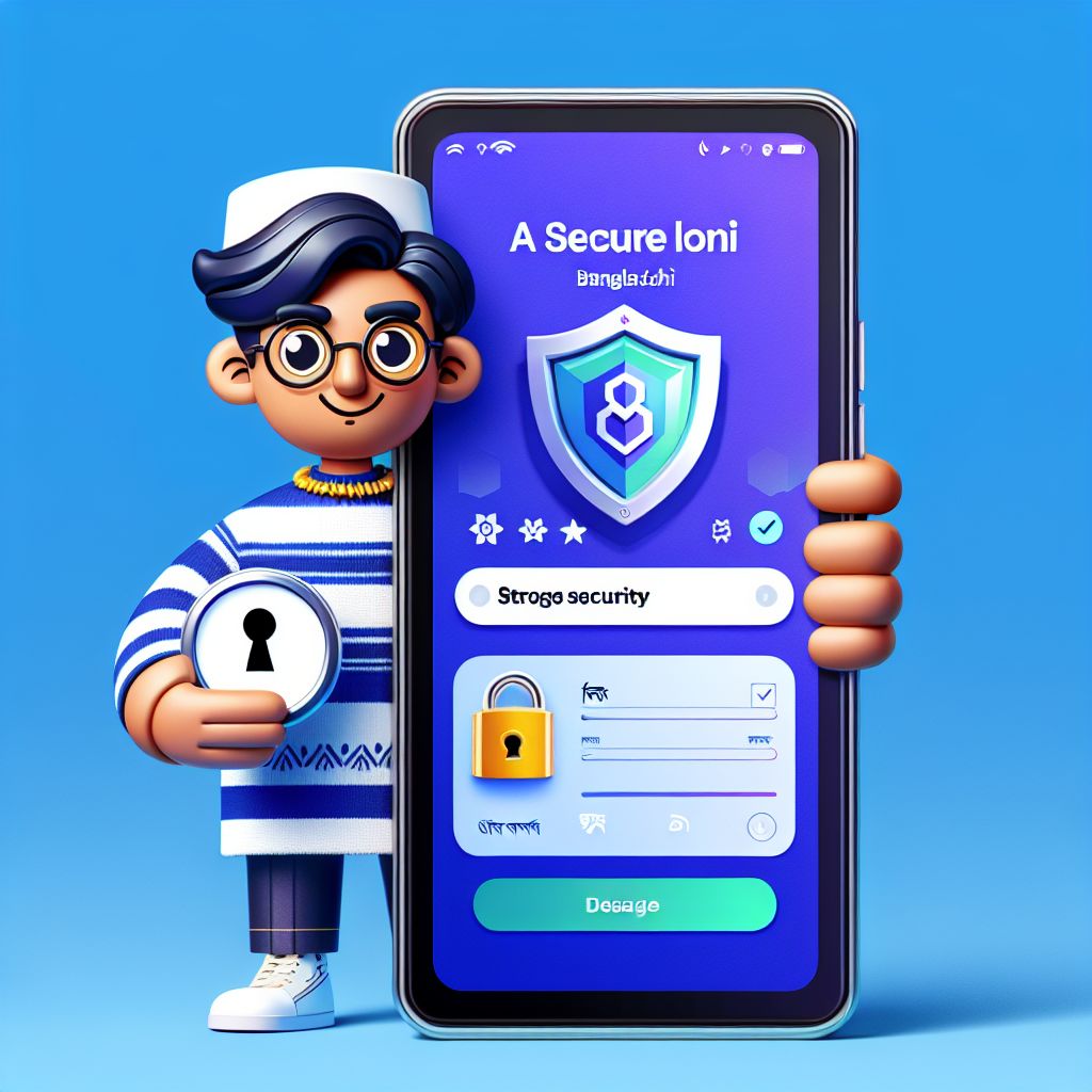 TK33 cartoon character holding a phone with a secure login screen and shield icon